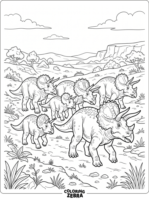 A small herd of triceratops walking together