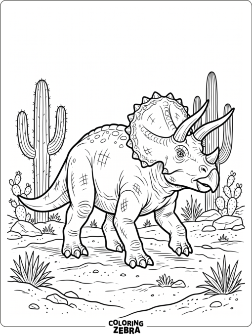 A triceratops standing in a desert with cacti