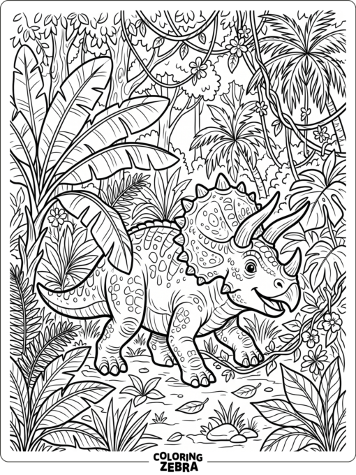 A triceratops walking through jungle leaves and vines