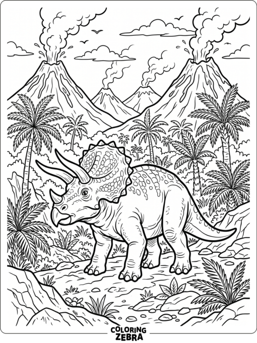 A triceratops in a prehistoric landscape with volcanoes