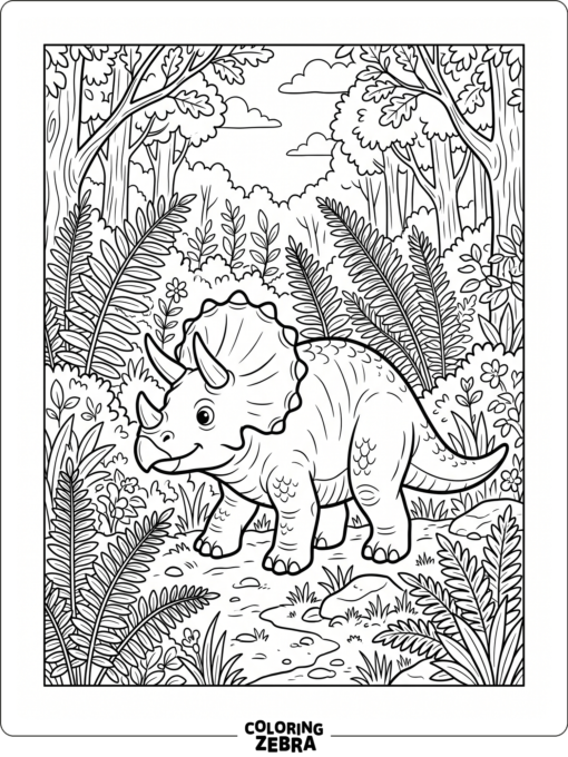 A triceratops standing among large fern leaves