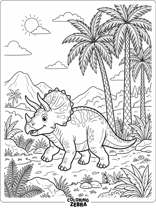 A triceratops walking near palm trees in a clear jungle area