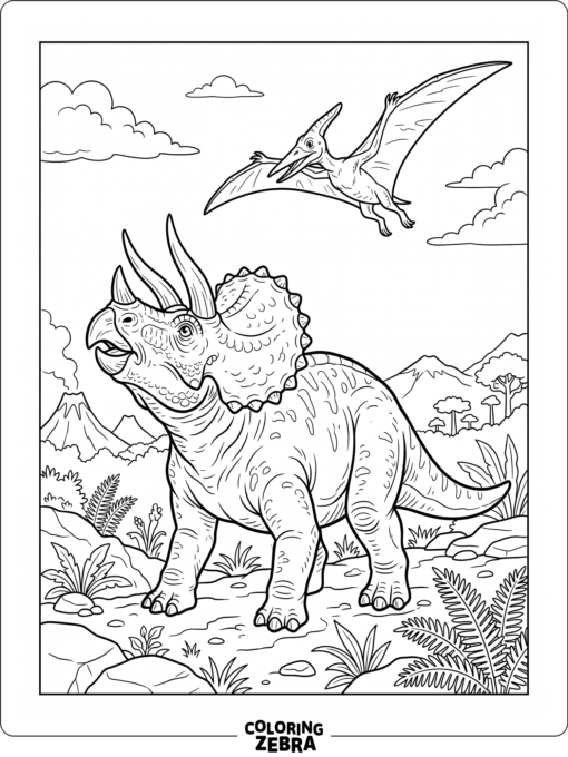 A triceratops watching a pterodactyl overhead