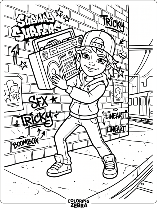 Tricky from Subway Surfers standing with a boombox