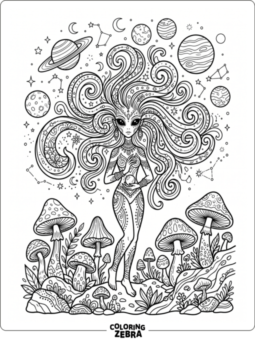 A surreal alien with floating planets and mushrooms