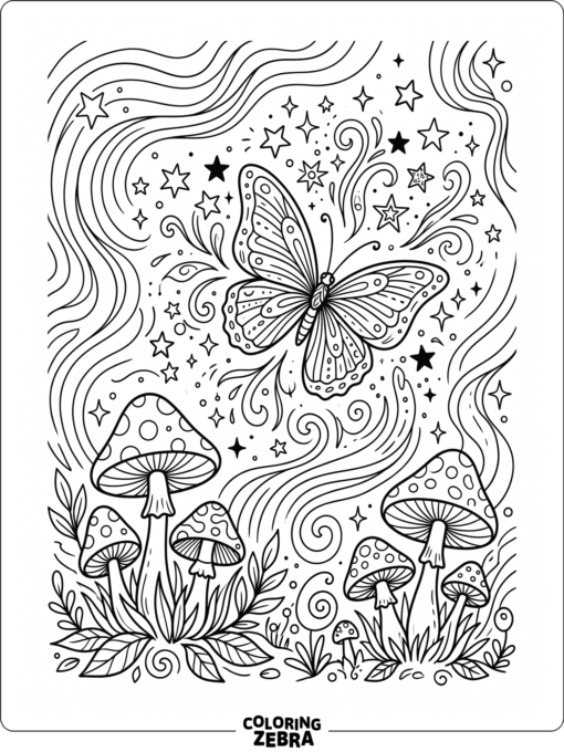 A butterfly surrounded by stars and mushrooms