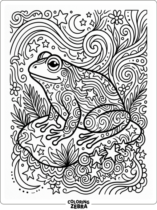 A frog with wavy shapes, stars, and dreamy swirls
