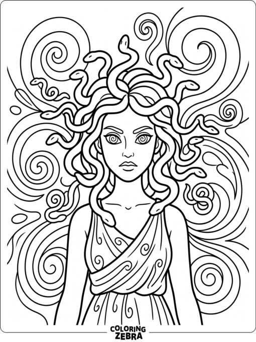 Medusa with floating snakes and a spiral background