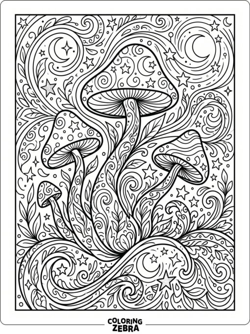 Mushrooms with swirling patterns, stars, and moon shapes