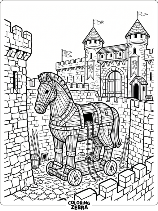 A wooden horse inside a stone fortress