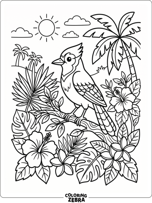 A blue jay among palm leaves and flowers