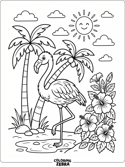 A flamingo near palm trees and hibiscus flowers