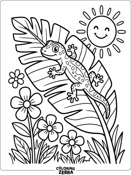 A gecko on a palm leaf with tropical flowers