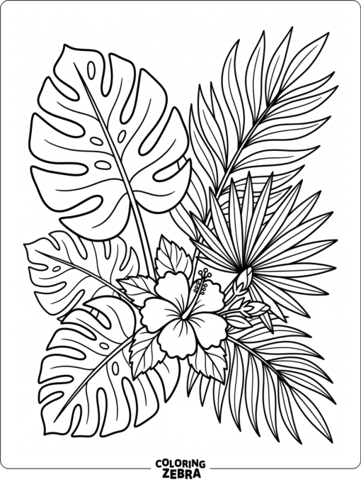 A tropical leaf scene with a hibiscus flower
