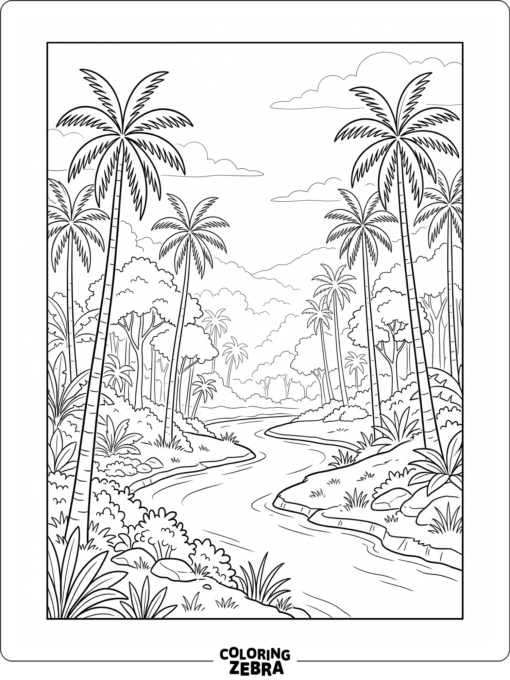 A tropical forest with palms, trees, and a river
