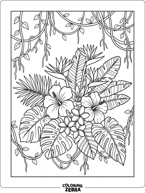 Tropical flowers with broad leaves and hanging vines