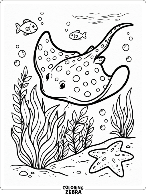 A spotted stingray near sea grass and a starfish