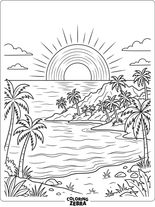 A tropical sunset with palm trees and a small island