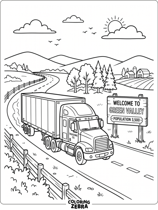 A truck and trailer driving past a roadside sign
