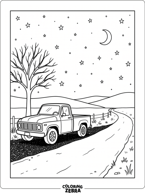 Truck parked at night under a starry sky