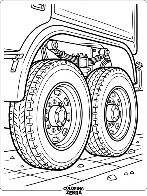 Big tires and deep treads make this truck wheel scene bold and easy to color. The simple design works well for black outlines and strong shapes.