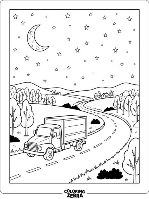 Truck At Night Coloring Page