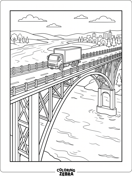 Truck driving across a bridge over water