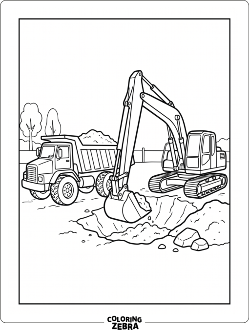 An excavator and dump truck at a simple construction site