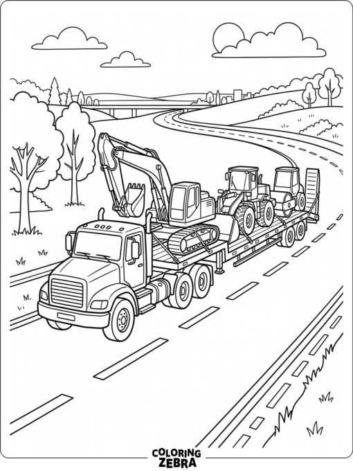 Truck hauling heavy equipment on the road