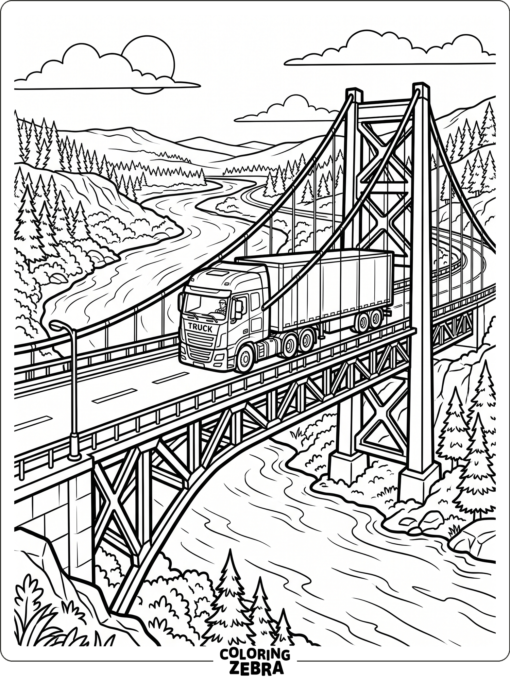 A bridge and open water create a nice sense of movement for this truck scene. The railings and road lines give the page a neat structure.