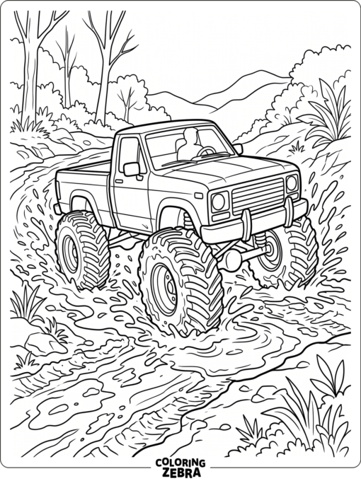 Truck with big mud tires on a muddy trail