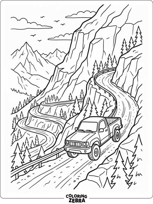 Truck driving up a mountain road