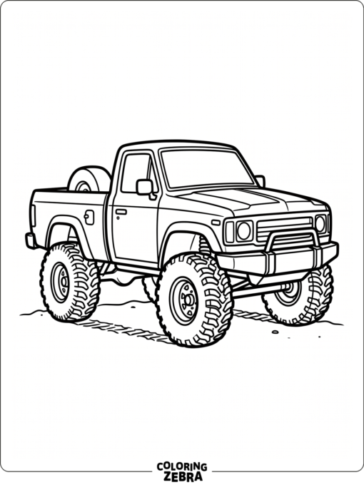 Big mud tires give this truck a strong off-road look. The dirt trail and chunky wheels make the page bold and fun to color.