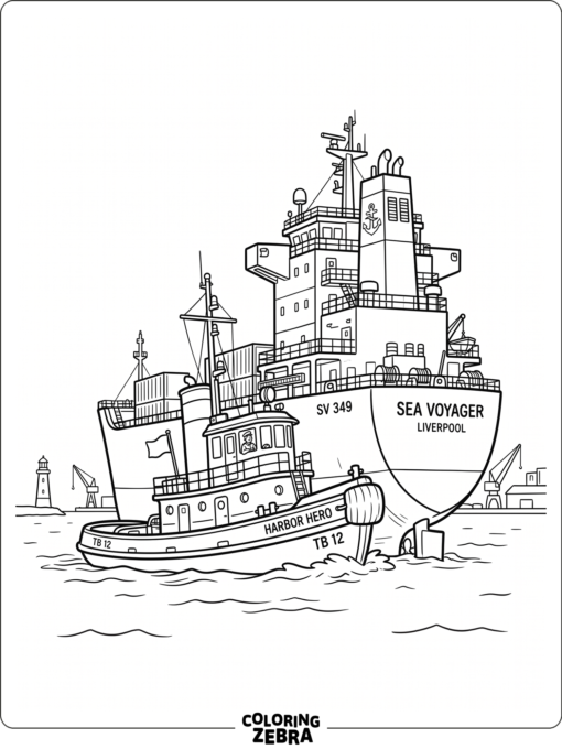 A tug boat pushing a larger ship beside a harbor wall