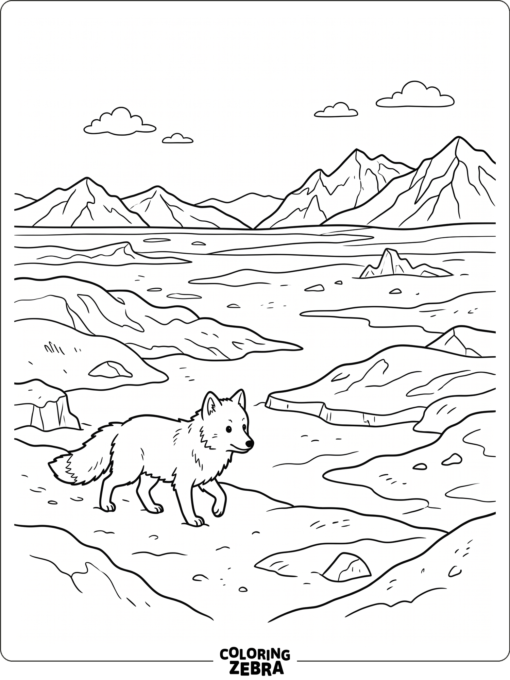 A snowy tundra with a fox and faraway mountains
