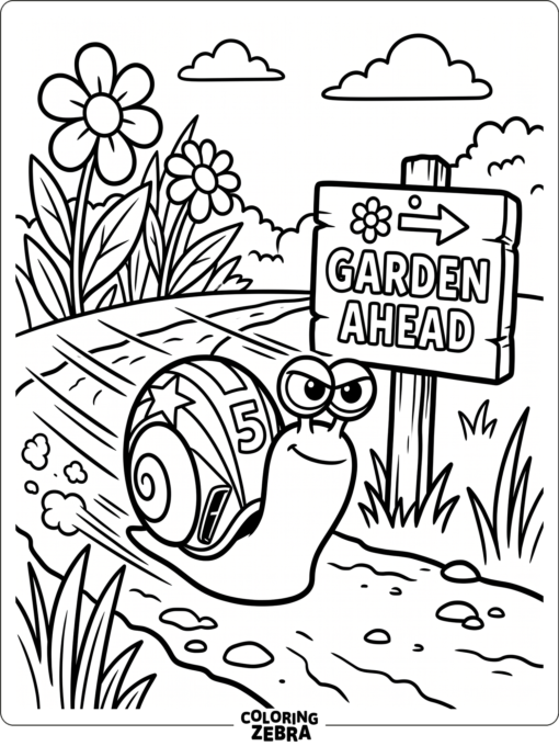 Turbo the snail racing past a garden sign