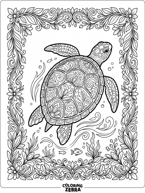 A decorative turtle with patterned shell and border