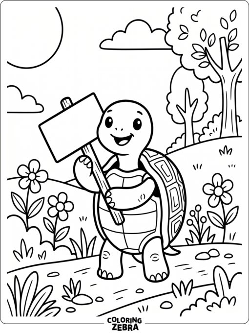 A happy turtle holding a small sign