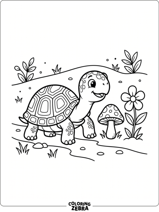 A turtle beside a mushroom and flower