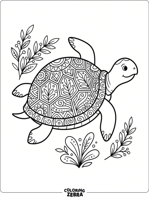 A turtle outline with a patterned shell and leaves