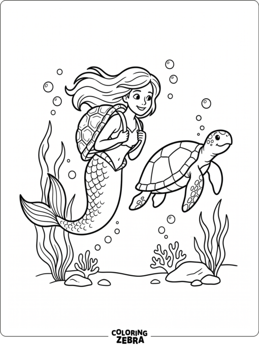 A mermaid swimming beside a sea turtle