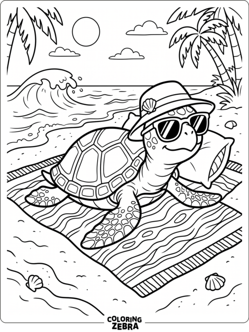 A turtle wearing sunglasses on a beach towel