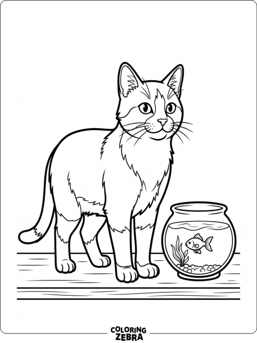 A tuxedo cat standing beside a fish bowl