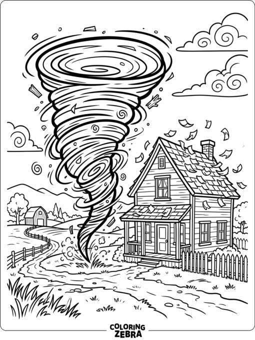 A cartoon twister near a farmhouse