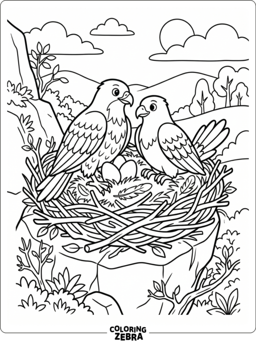 Two hawks beside a nest with twigs and grass