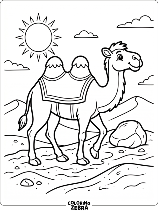 A two-hump camel walking over sand beside a small rock