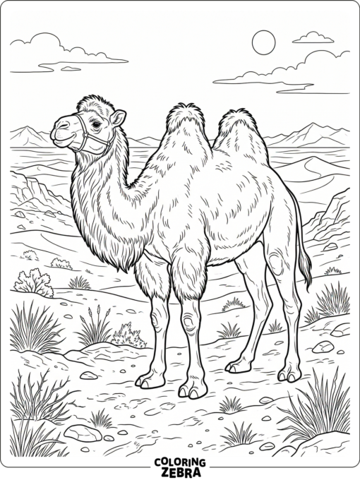 A two-humped camel standing in the desert with sparse grass