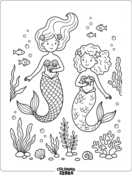 Two mermaids floating side by side with sea plants