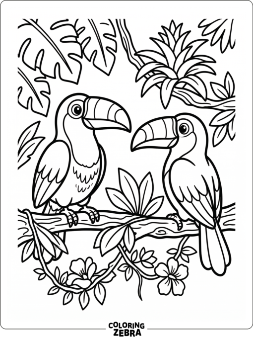 Two toucans perched together on a rainforest branch