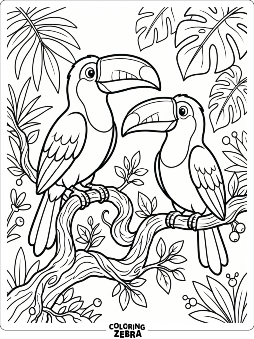 Two toucans perched together on a twisting branch